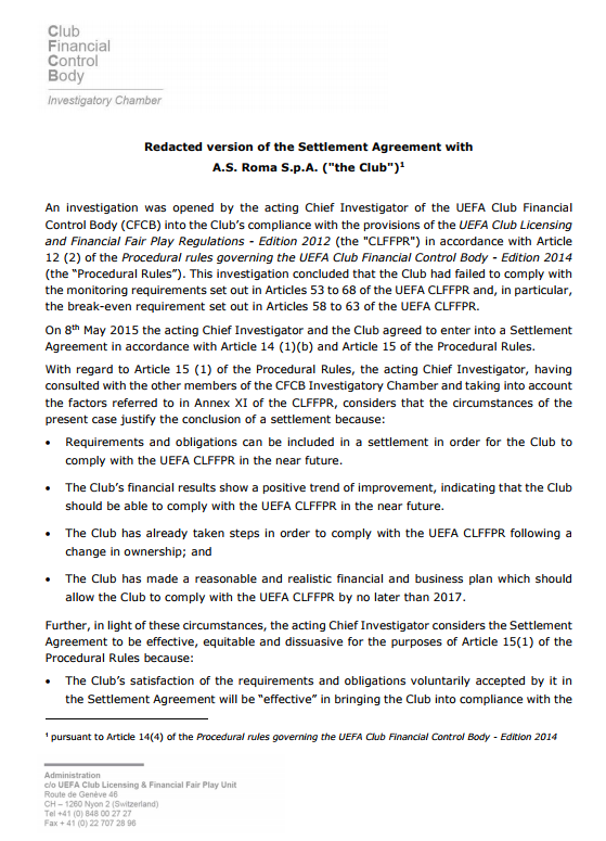 Fair play finanziario: i settlement agreement di Inter e Roma