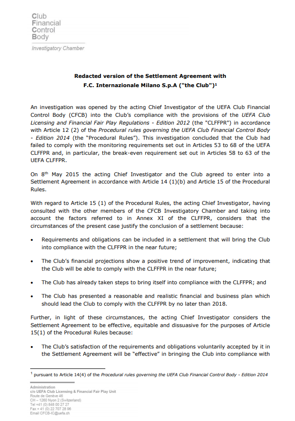 Fair play finanziario: i settlement agreement di Inter e Roma