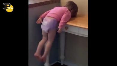 Bambina dondola appesa a un tavolo