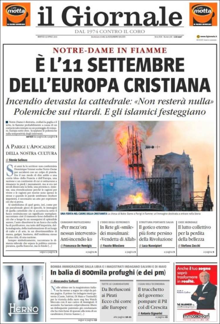 Incendio Notre Dame a Parigi: la notizia in tutto il mondo