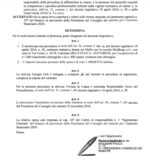 Diecimila mascherine per Conte a Palazzo Chigi Diecimila mascherine per Conte a Palazzo Chigi