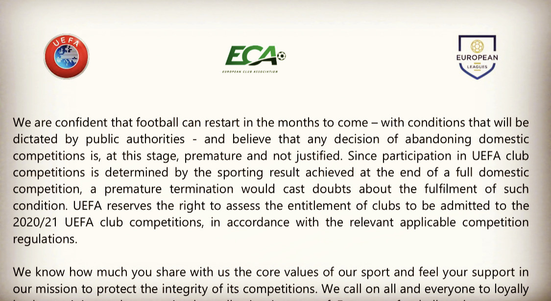 Covid-19, la minaccia della Uefa: «Fuori dall’Europa chi non gioca» Covid-19, la minaccia della Uefa: «Fuori dall’Europa chi non gioca»