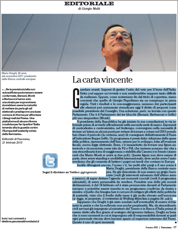 Draghi e i partiti. Il nome di Mr Bce già nel 2013 Draghi e i partiti. Il nome di Mr Bce già nel 2013