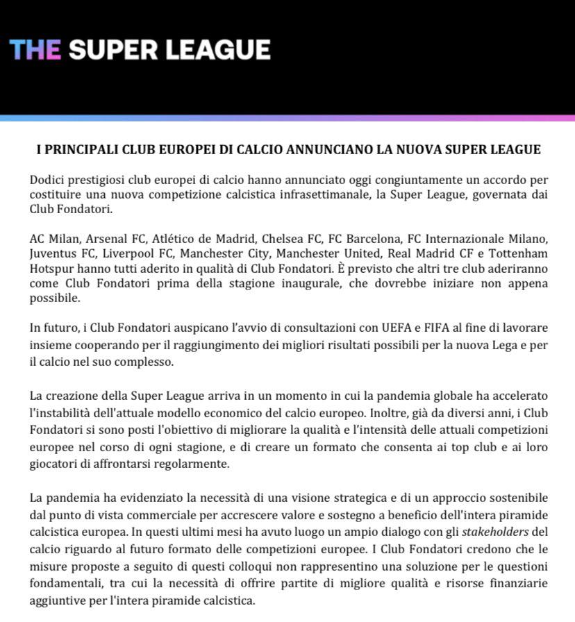 E’ nata la Superlega: guerra nel calcio europeo