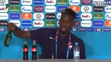 Pogba come Ronaldo, fa sparire la birra durante la conferenza | video