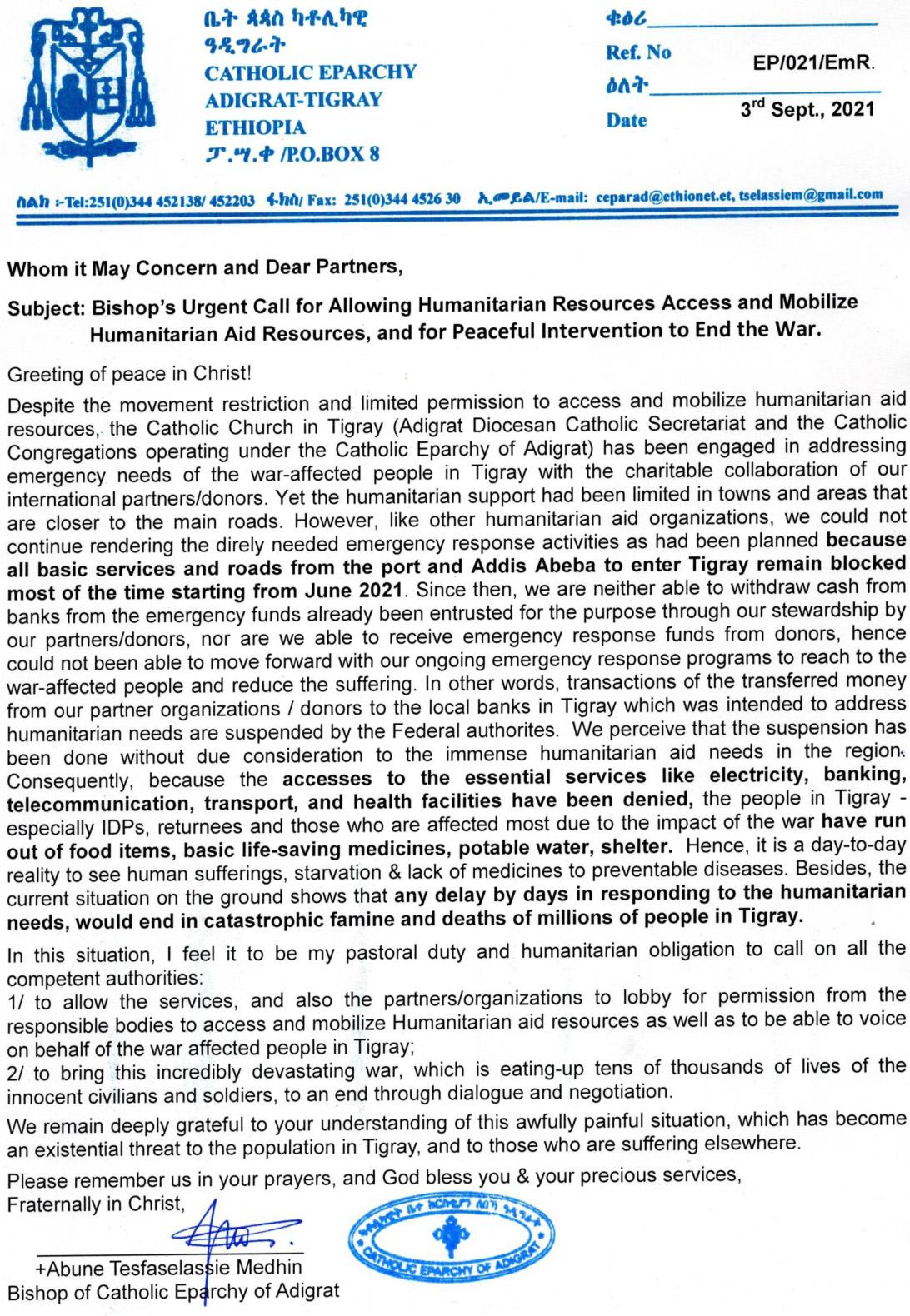 Il vescovo etiope: «Milioni di morti in Tigray se non passeranno gli aiuti umanitari»