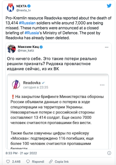 Mosca ammette 20 mila soldati morti o dispersi (ma poi il tweet scompare)