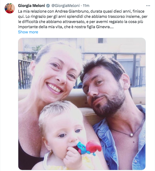 Giorgia Meloni annuncia la fine della relazione con Andrea Giambruno