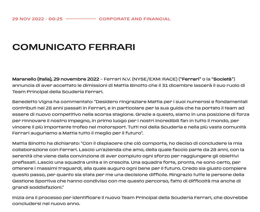 Binotto, addio Ferrari: ecco le dimissioni
