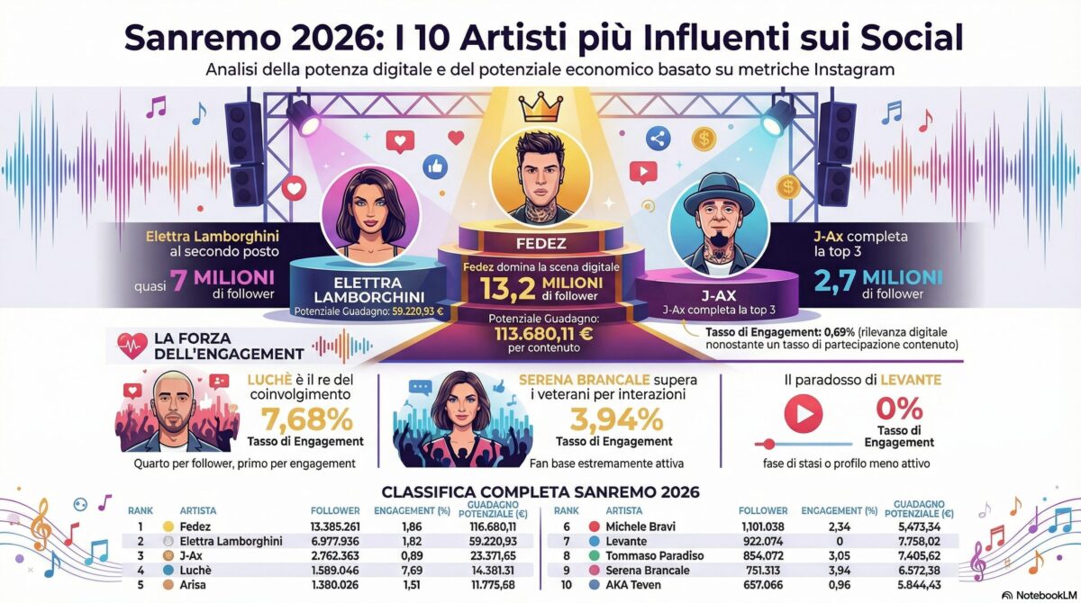 Sanremo 2026: la classifica degli artisti più influenti. Fedez domina Instagram e guida la gara digitale