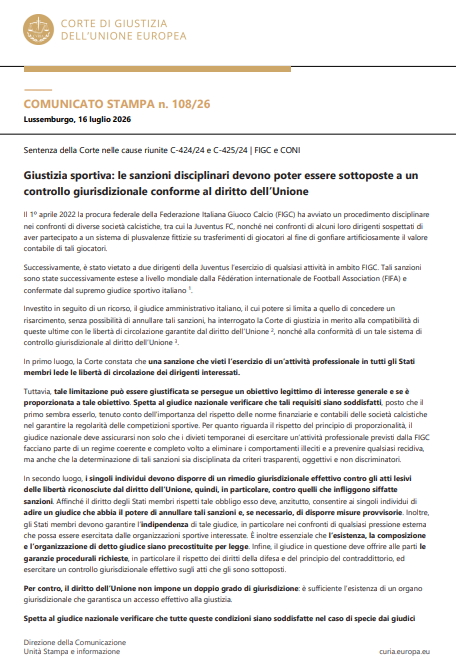 Giustizia sportiva, la Corte Ue dà ragione ad Agnelli e obbliga a riscrivere le regole Giustizia sportiva, la Corte Ue dà ragione ad Agnelli e obbliga a riscrivere le regole
